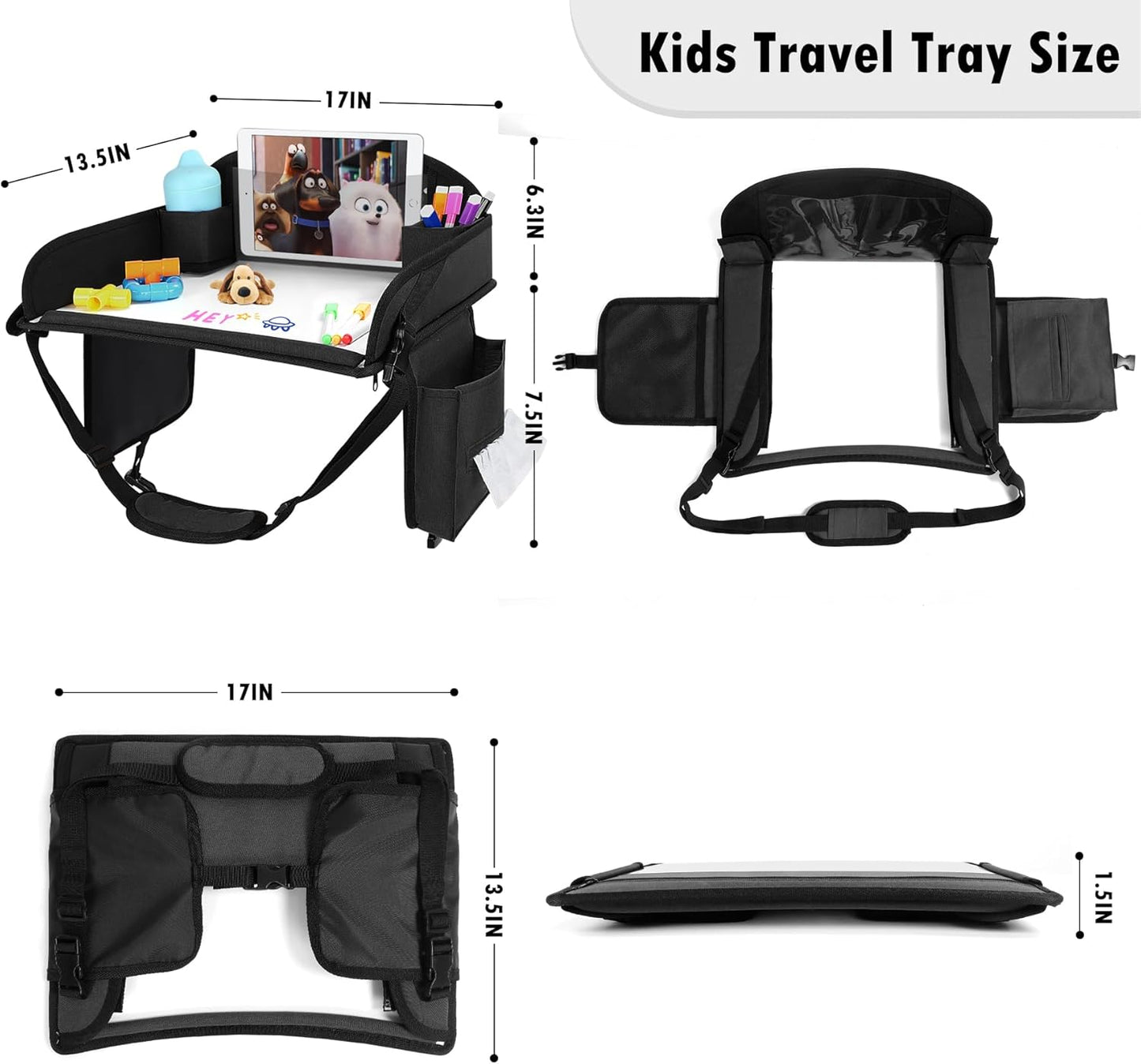 Kids Travel Tray for Toddler Car Seat, Lap Tray for Girl Activities with Dry Erase Board & Cooler Cup Holder, Road Trip Essentials Accessories with No-Drop Large Tablet iPad Holder Stand,2Pc Black