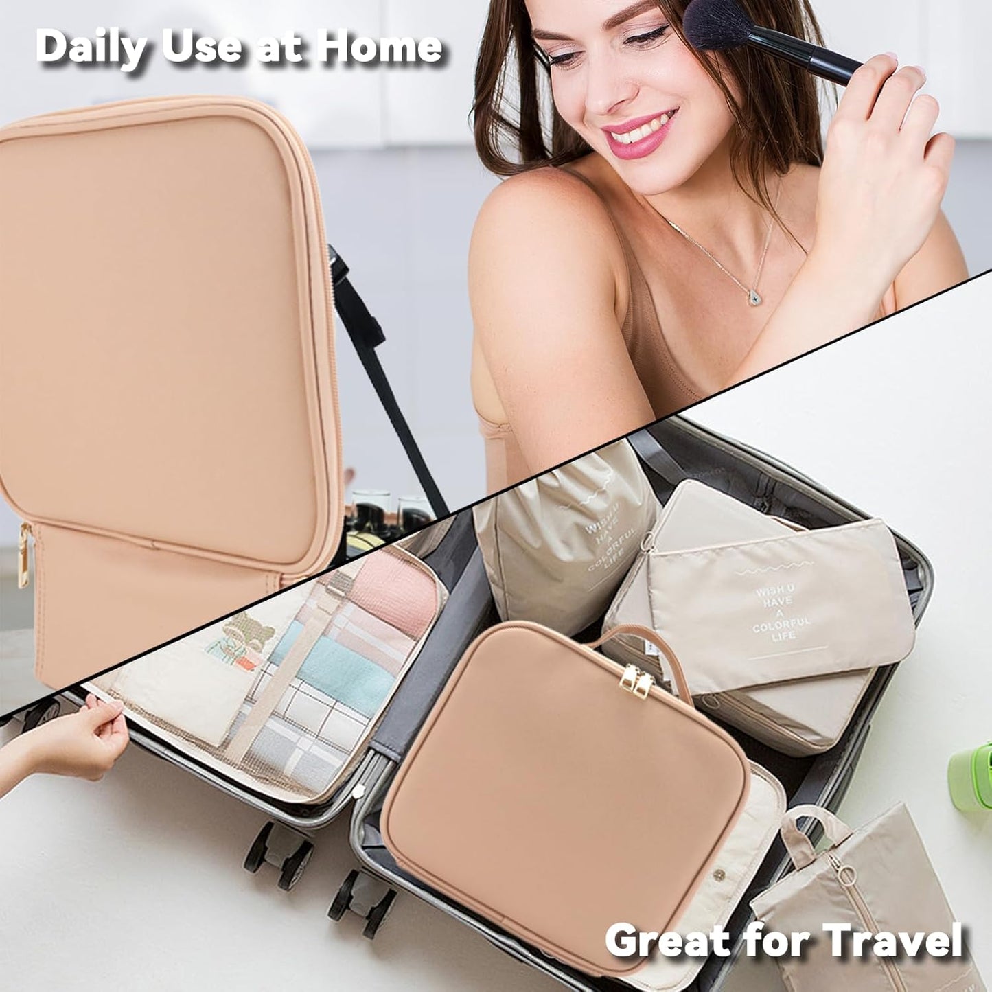 Travel Makeup Bag with LED Mirror and 10x magnifying glass with 3 Lighted Settings, Adjustable Dividers and Makeup Brush Storage Bag Khaki