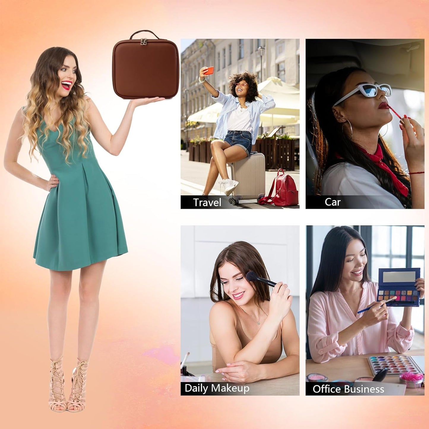 Travel Makeup Bag with LED Mirror Travel Makeup Organizer with 3 Lighted Settings, Adjustable Dividers and Makeup Brush Storage Bag Dark Brown