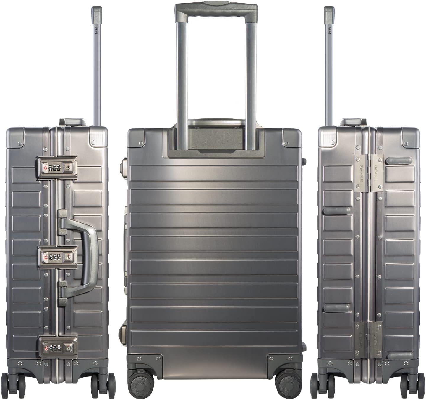 TRAVELKING All Aluminum Luggage with TSA Locks Metal Hard Shell Zipperless Spinner Alloy Metal Suitcase (Cool Metallic, 24 Inch)