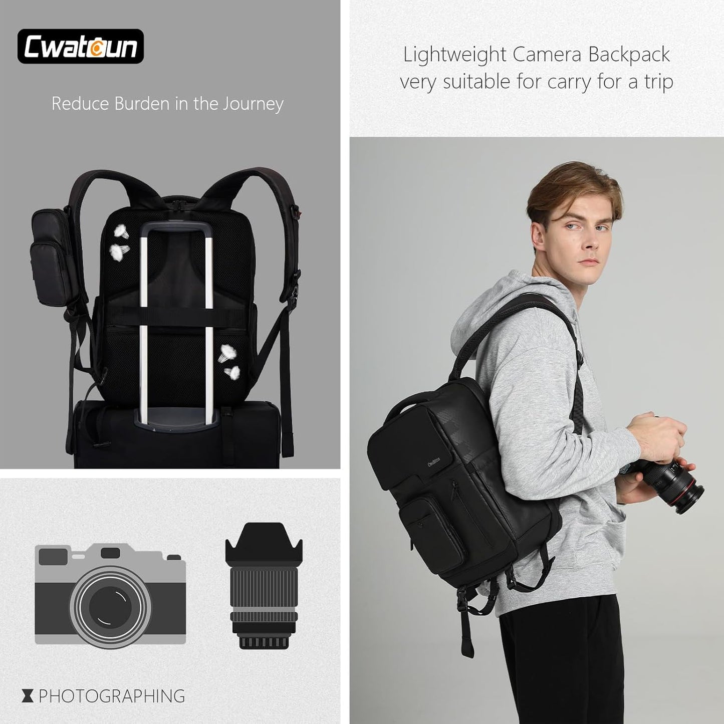 Cwatcun Waterproof Camera Backpack PU Leather Camera Bag with Tripod Holder, 14" Laptop Compartment for Canon Sony Nikon SLR DSLR Mirrorless Camera, Lens, Travel Photography Camera Bag Case