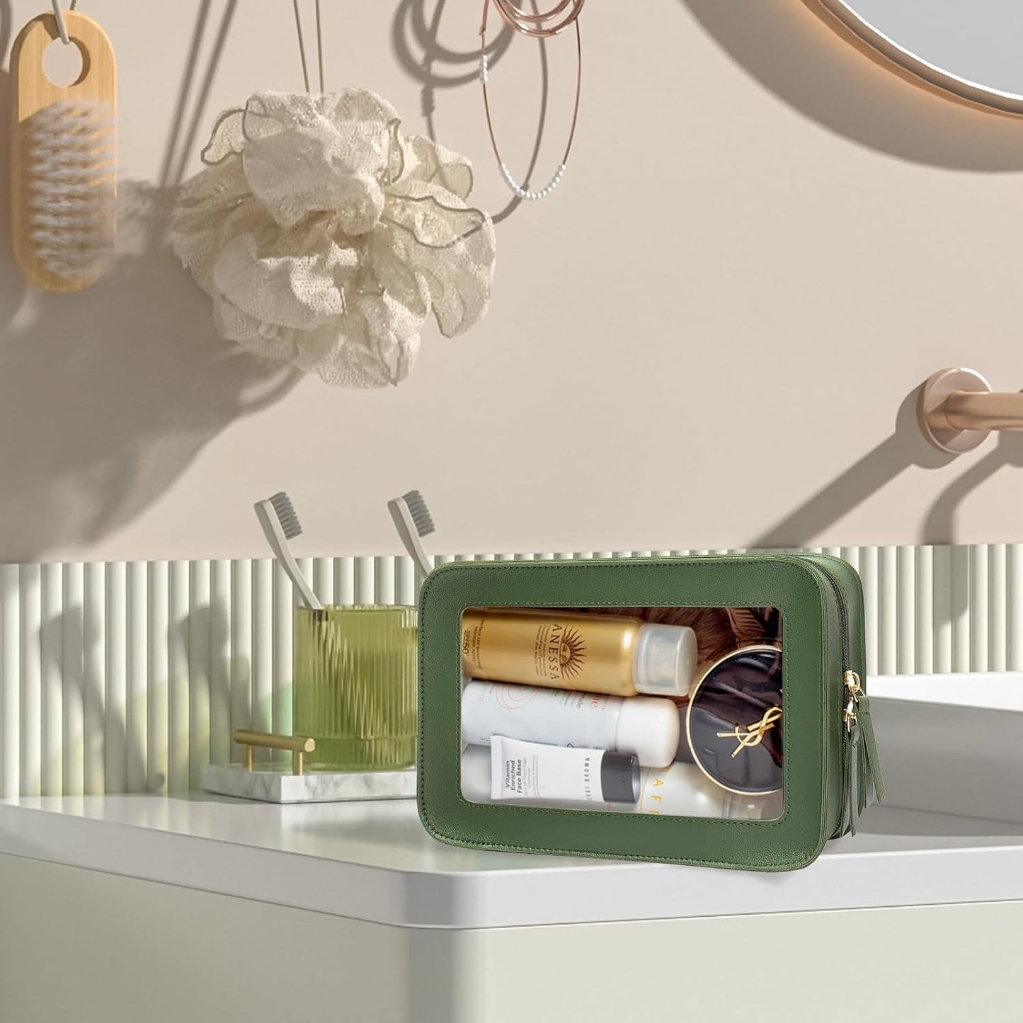 LETGO Clear Makeup Bags, TSA Approved Toiletry Bag with Zipper, Clear Makeup Organizer Fit Carry-on Travel Essentials,Clear Cosmetic Bags for Women Men (C-Green)