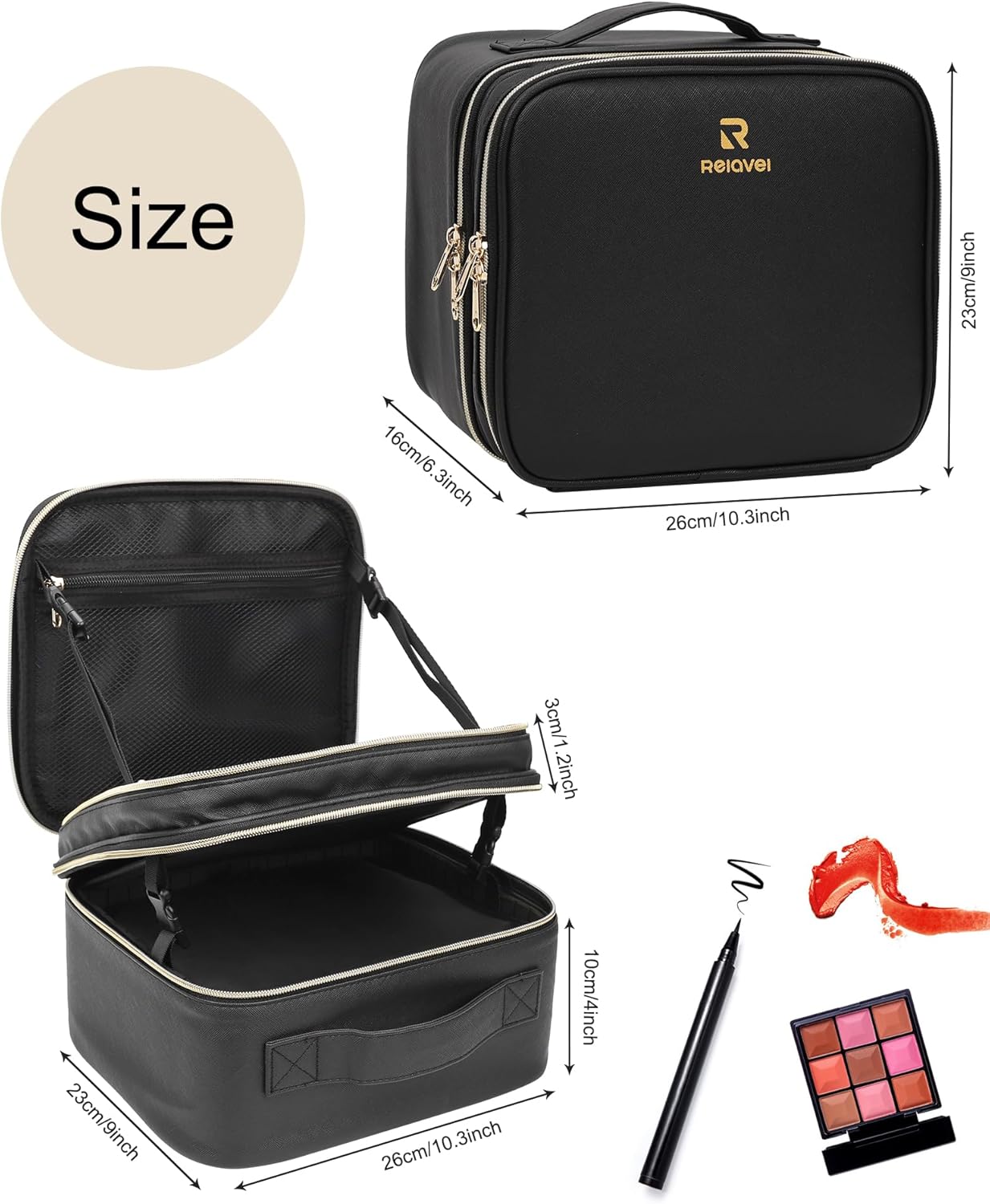 Relavel Makeup Bag with LED Mirror, Travel Makeup Case with Rechargeable Lighted Mirror 3 Color Lights, Dual Layer Cosmetic Box Makeup Brush Lipstick Holder Organizer for Women, Leather Black