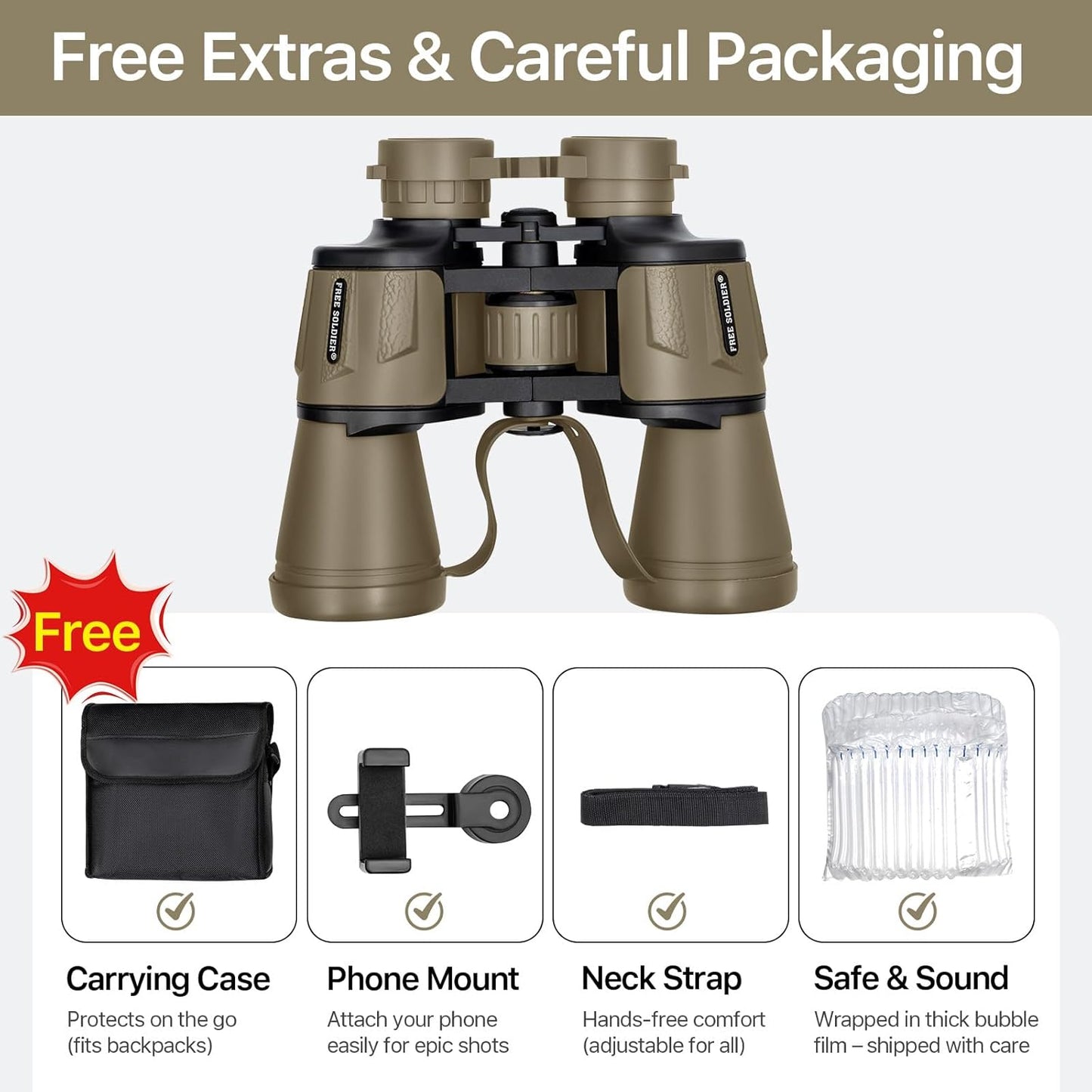20x50 Binoculars for Adults with Smartphone Adapter - High Powered Binoculars for Bird Watching Hunting Hiking Concert Travel Theater with BAK4 Prism FMC Lens, Mud