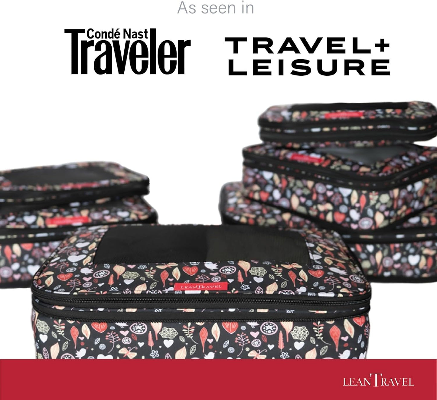 LeanTravel Compression Packing Cubes for Travel Organizers with Double Zipper (6-Pack (2L+2M+2S), Flowers & Leaves)