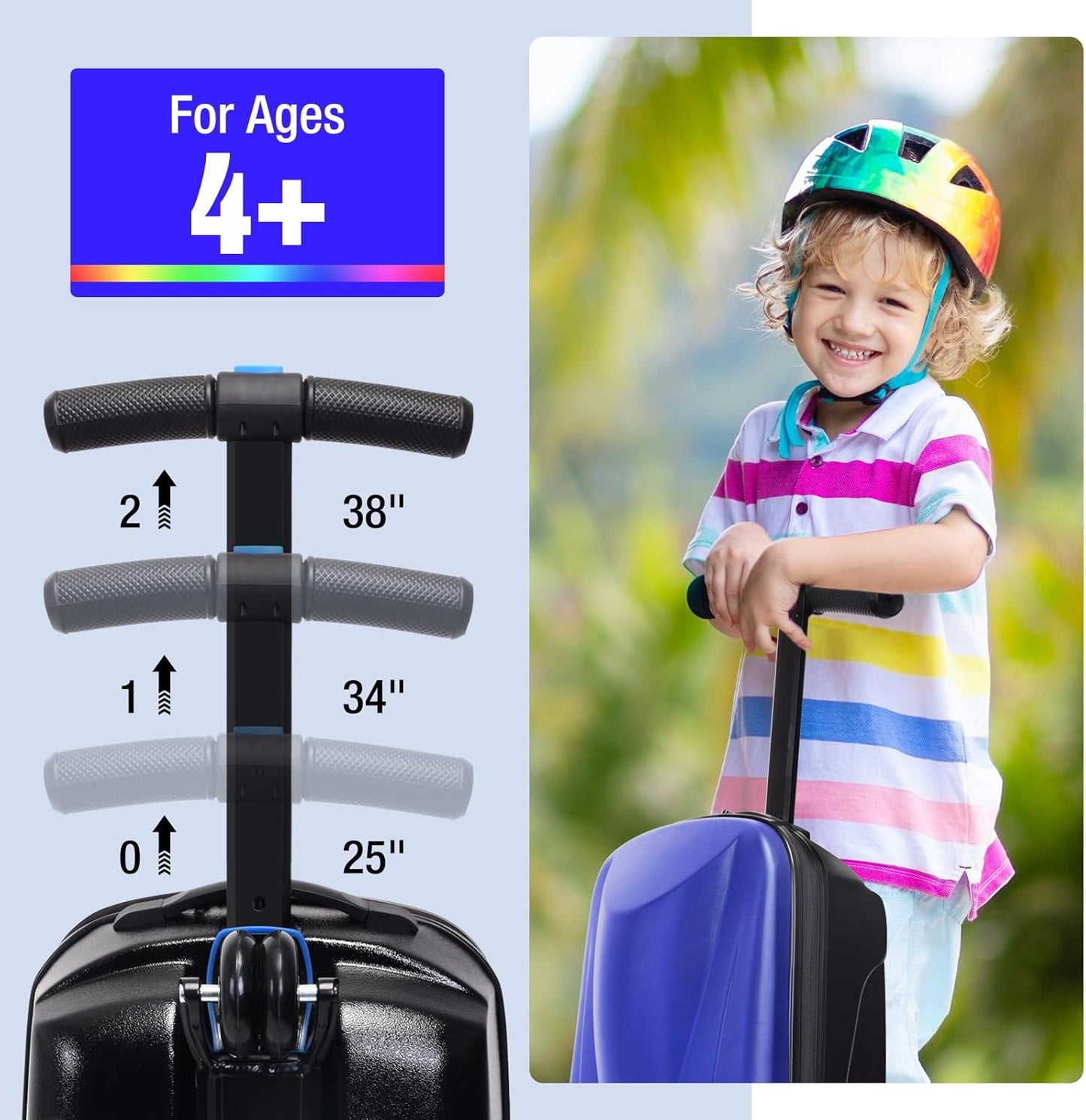 20" Scooter Suitcase for Kids, 2-in-1 Ride On Luggage with Wheels for Boys & Girls Ages 4-15, Foldable Hardshell Carry On Lightweight Travel Suitcase for Airplane (With LED, Dark Blue)