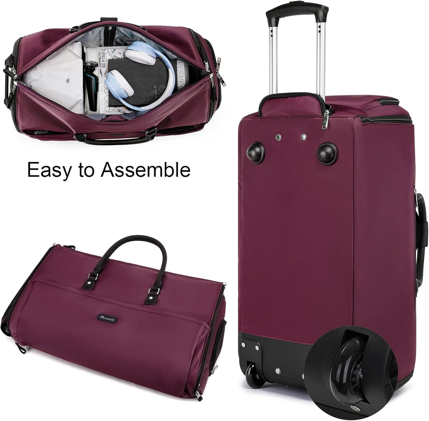 Modoker Rolling Garment Bags, Large Garment Duffle Bag with Wheels, 3 in 1 Garment Suit Luggage Bag for Women Men Business Travel Weekender, Red