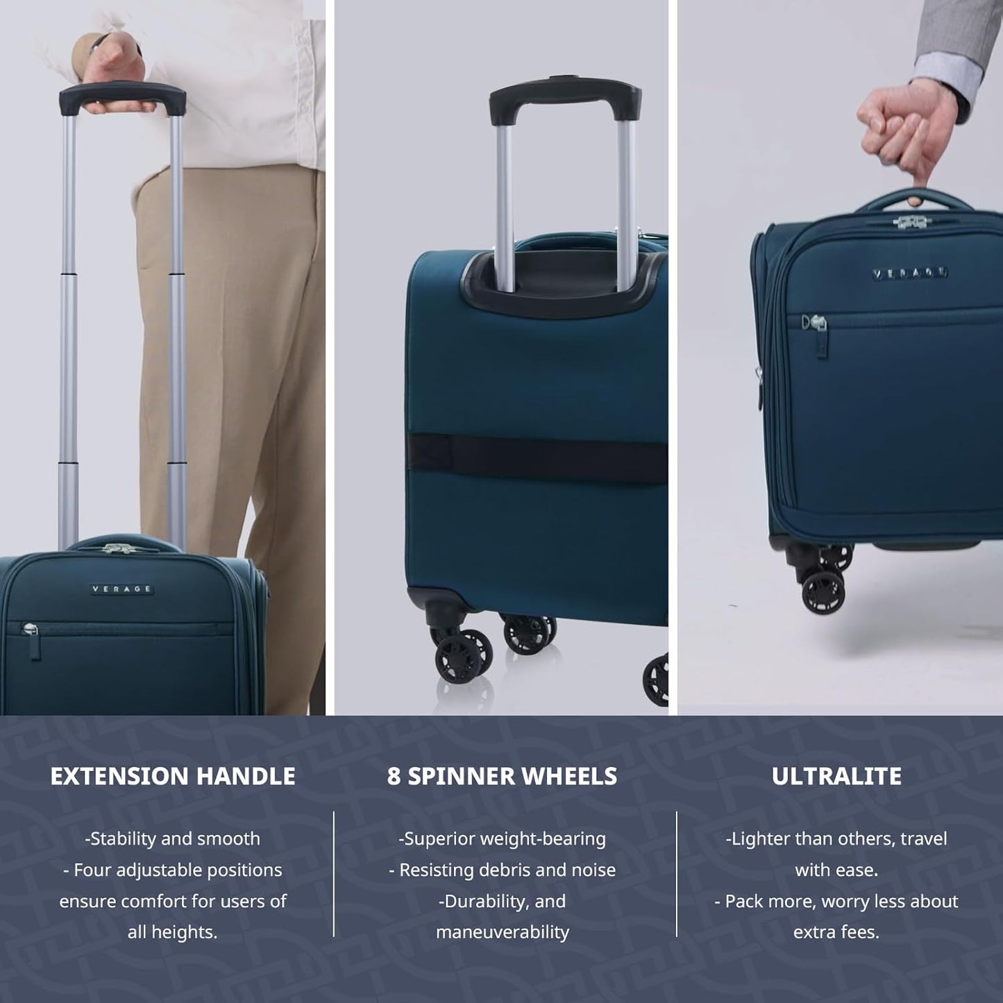 Verage Underseat Carry On Luggage with Wheels, 14.5-Inch Spinner Small Suitcase, Softside Lightweight Travel Bag for Men and Women, Airplane Carry On Bag, Nautical Blue