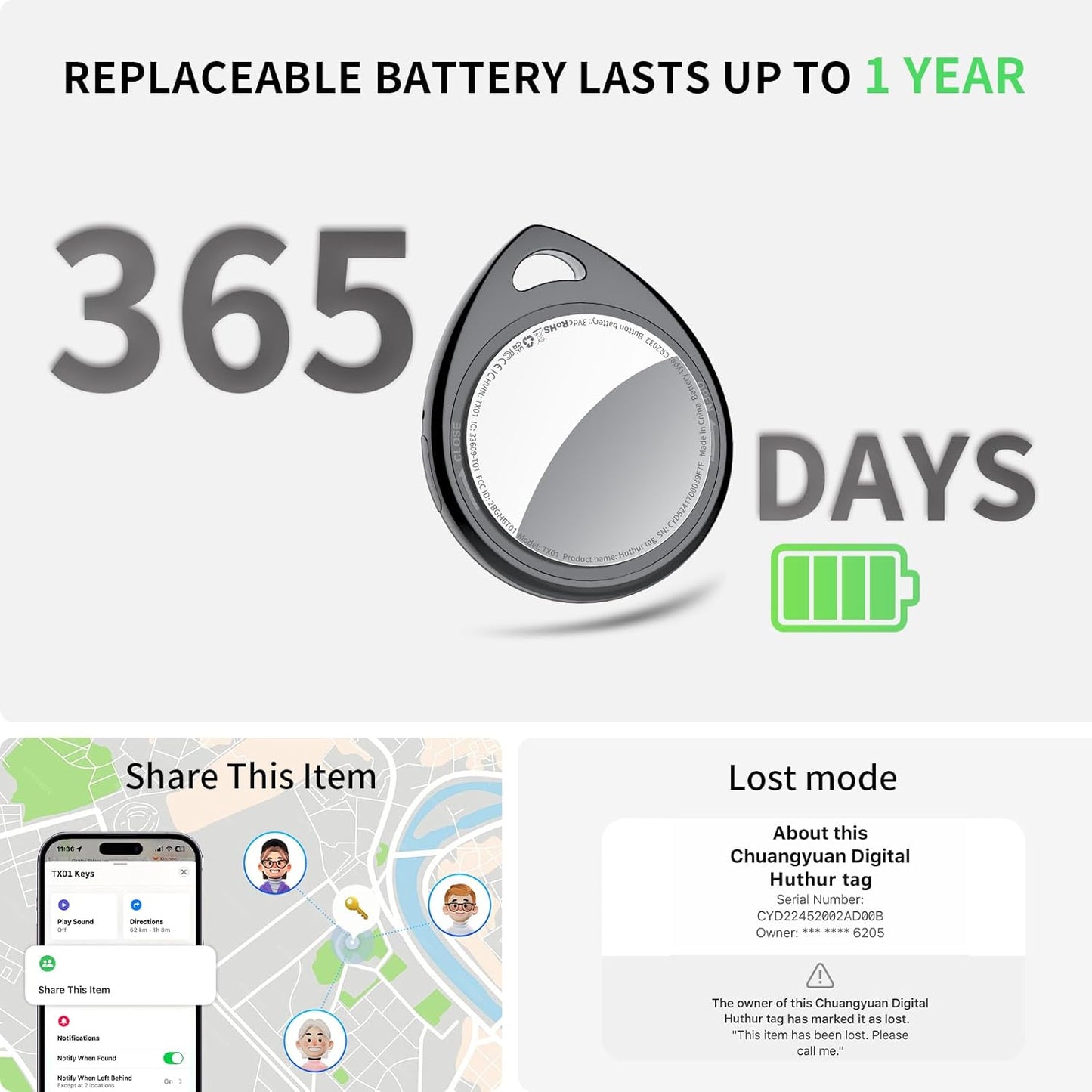 Air Tracker Tags-4 Pack, 5.3 Bluetooth Tracker Work with Apple Find My (iOS Only), 100dB Sound, Smart Tag with Keychain/Lanyard, Item Finder for Luggage/Key/Suitcase, Replaceable Battery, Black.