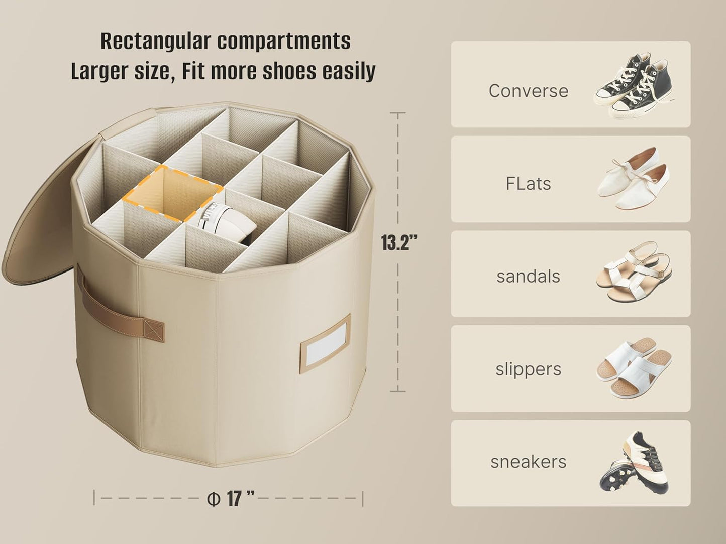 Vailando Shoe Organizer for Closet - Cylindrical Shoe Storage Organizer with Removable Dividers, Rectangular Compartment, Foldable, Beige, 1-Pack