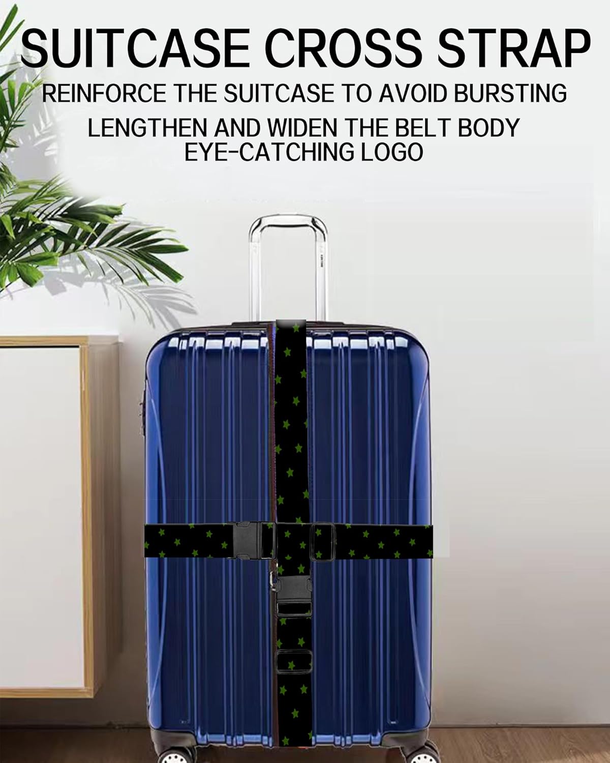 Luggage Straps for Suitcases, Adjustable Travel Belt, Durable Wide Luggage Strap, Cute Suitcase Strap Identifiers with Buckle, Bag Straps for Luggage, Black Green Stars