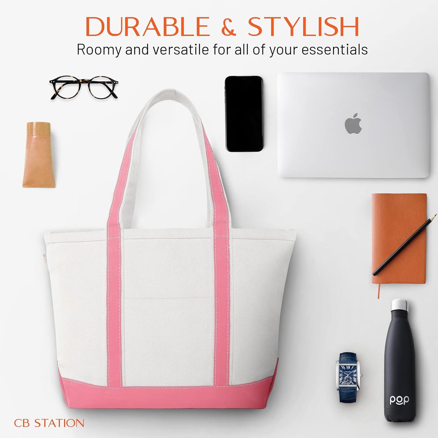 CB STATION Medium Classic Canvas Tote Bag for Women, Top Zipper Closure, Outer Pocket, Daily Essentials, Groceries, Traveling