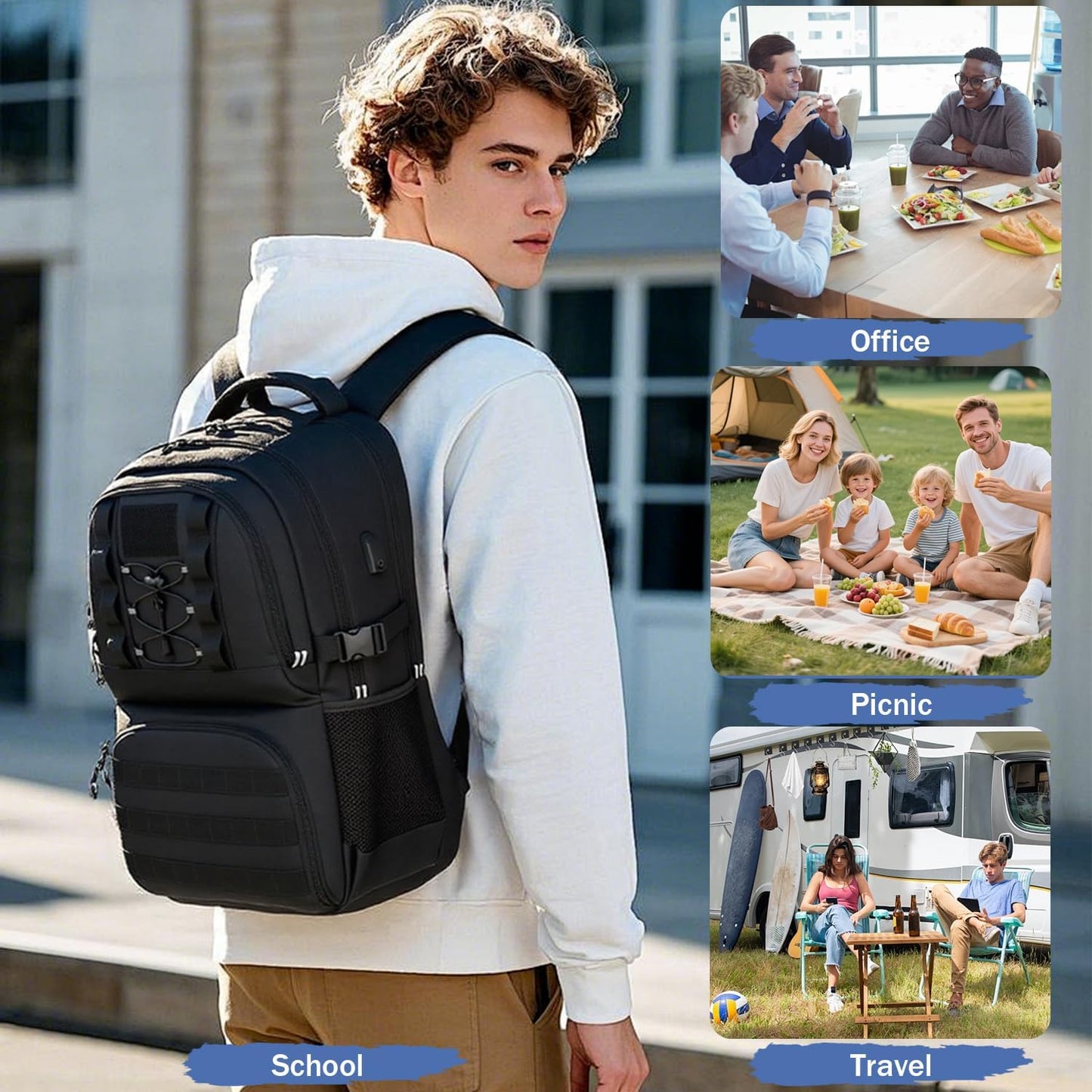 Laptop Lunch Backpack for Men - 40L Large Capacity Work Backpack with Lunch Compartment and USB Post, RFID Insulated Cooler Backpack for Work, Travel, Picnic, Black