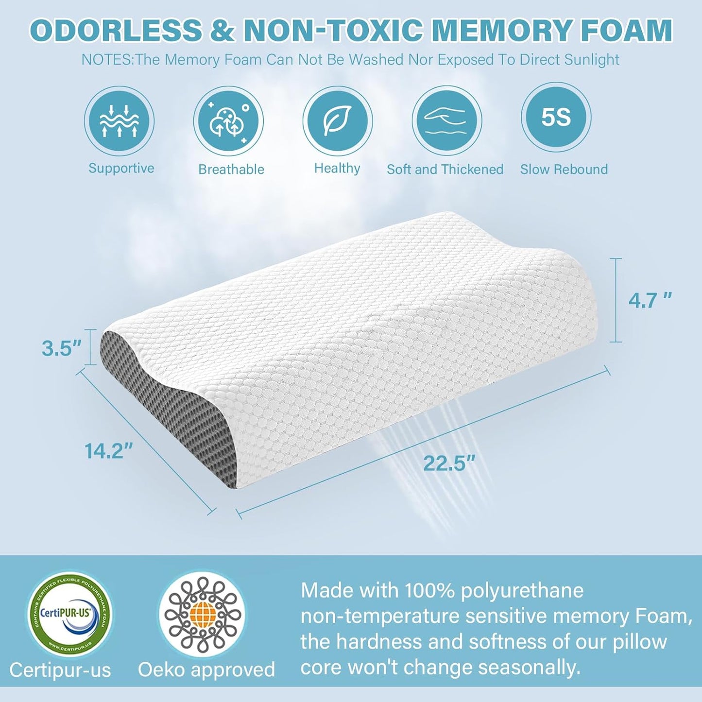 Cooling Pillows Queen Size Set of 2, Memory Foam Bed Pillows for Sleeping, Ergonomic Cervical Pillow for Neck and Shoulder Pain Relief, with Pillowcase(Grey)