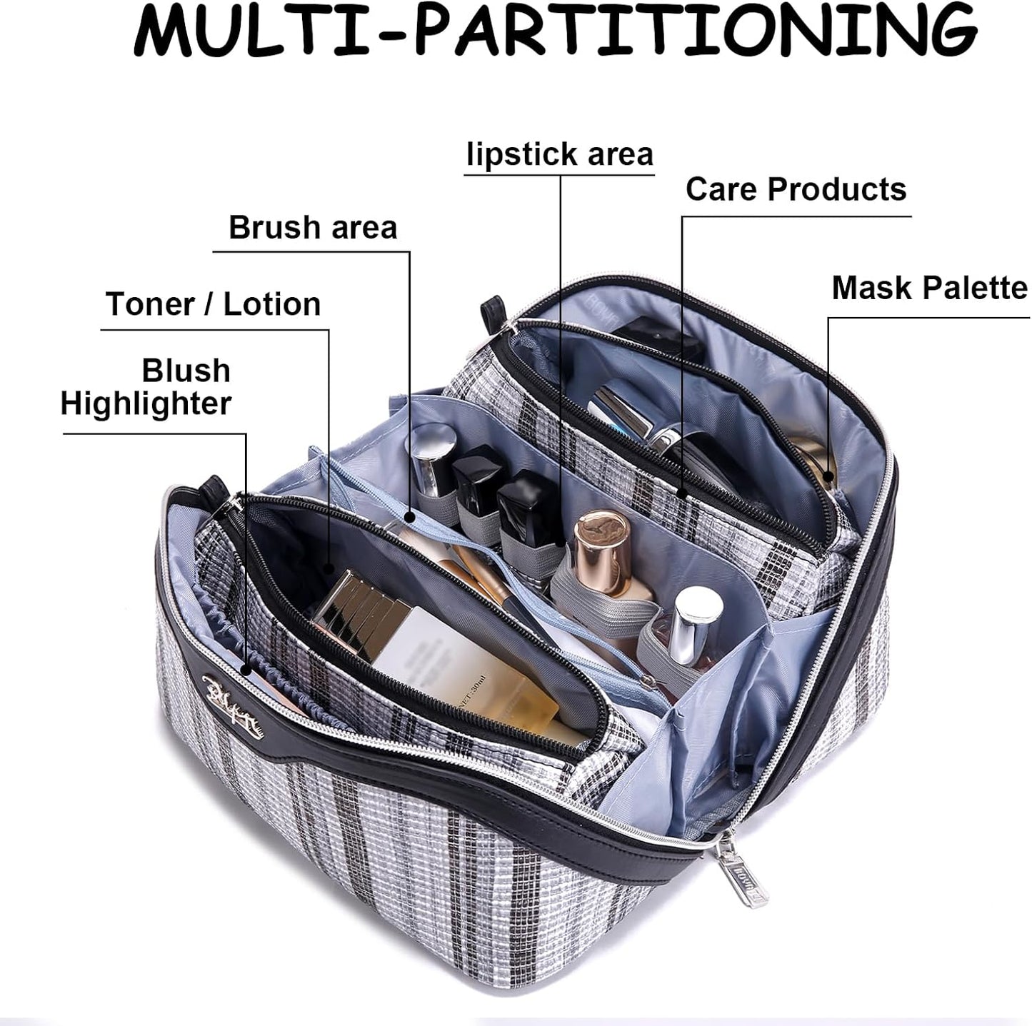 Travel Makeup Bag for Women: Large Capacity Open Flat Make up Bag Set of 3 - Vegan Leather Cosmetic Bag with Compartments - Waterproof Toiletry Bag with Handle & Divider(Black)