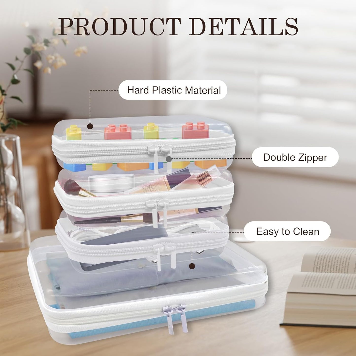 4PCS Clear Hard Zipper Case - Portable Organizer Pouches, Waterproof Plastic Cosmetic Bag,Travel Organizer Box for Cable, Make up Tools and Toiletries(White)
