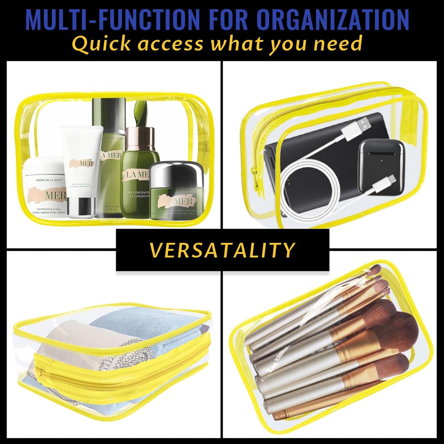 16 Pieces Clear Makeup Bag PVC Zippered Clear Toiletry Carry Pouch Portable Cosmetics Bag Waterproof Makeup Bag Vinyl Plastic Organizer Case for Travel Vacation Bathroom (Yellow-M)