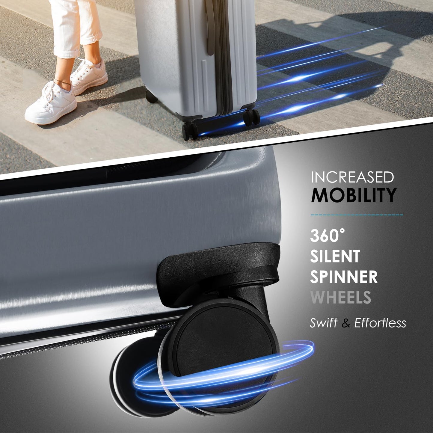 22 Inch Carry On Luggage 22x14x9 Airline Approved, Carry On Suitcase with Wheels, Hard-shell Carry-on Luggage, Durable Luggage Carry-On, Grey Small Suitcase with Cosmetic Case