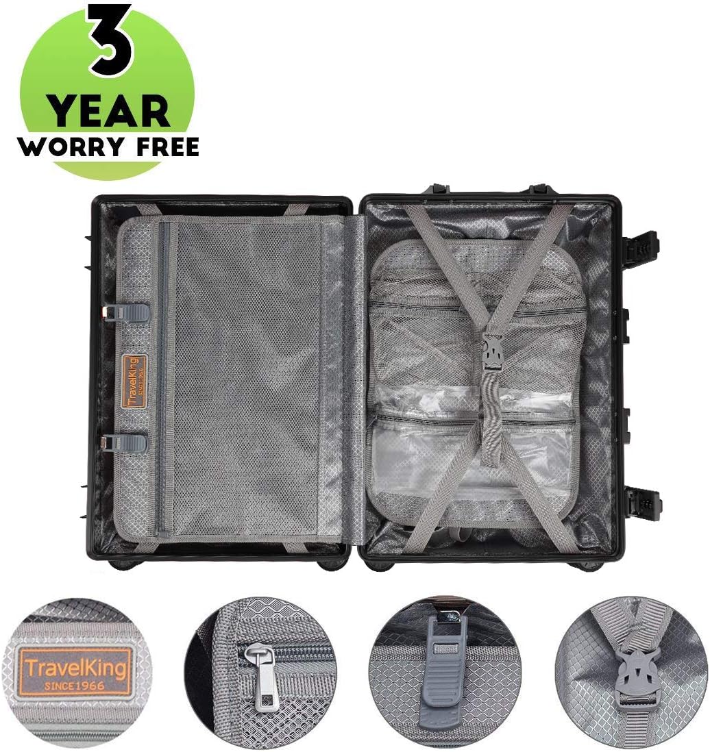TRAVELKING All Aluminum Luggage with TSA Locks Metal Hard Shell Zipperless Spinner Alloy Metal Suitcase (Cool Metallic, 24 Inch)