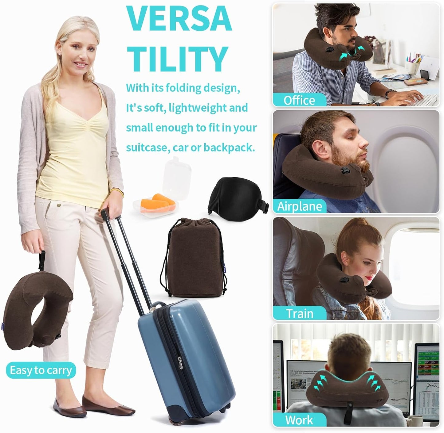 Inflatable Travel Neck Pillow for Airplane, Head Support Velvet Adult Neck Pillow for Long Flight, Kit with Eye Mask, Earplugs and Storage Bag,1, Brown