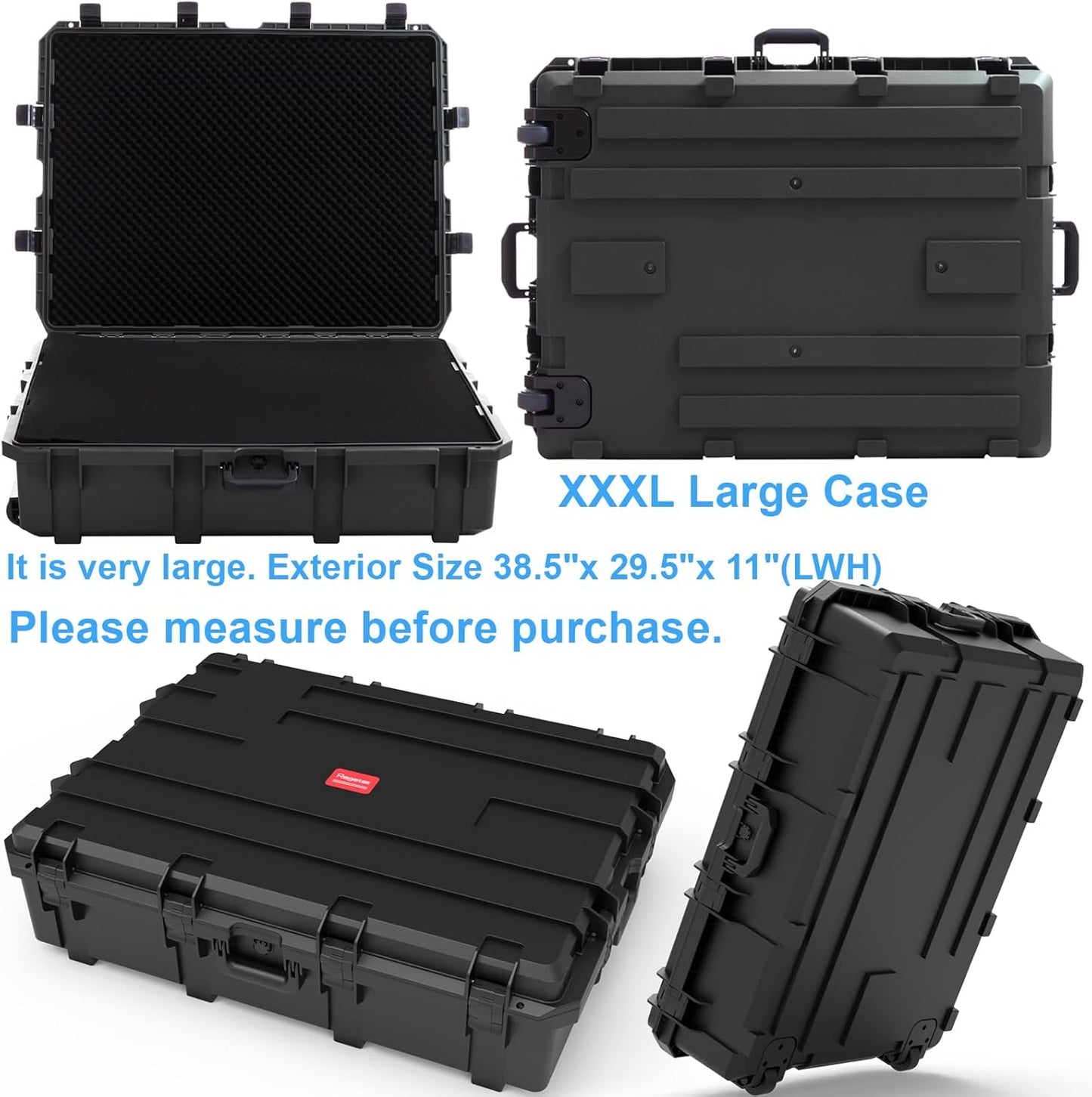 Waterproof Hard Case, 38.5x 29.5 x 11 Inch Rolling Hard Case, Equipment Roller with Wheels,Customizable Foam, for cameras, Camcorder,Drone,Gear, tool,IP67, Inner 32.88" x 23.90" x 8.66"