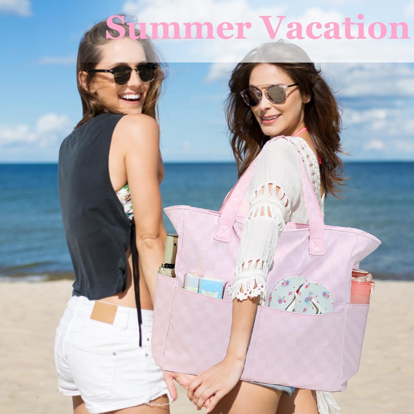 LEDAOU Beach Bag Waterproof Sandproof Women Tote Bag Pool Bag with Zipper for Gym Grocery Travel with Wet Pocket