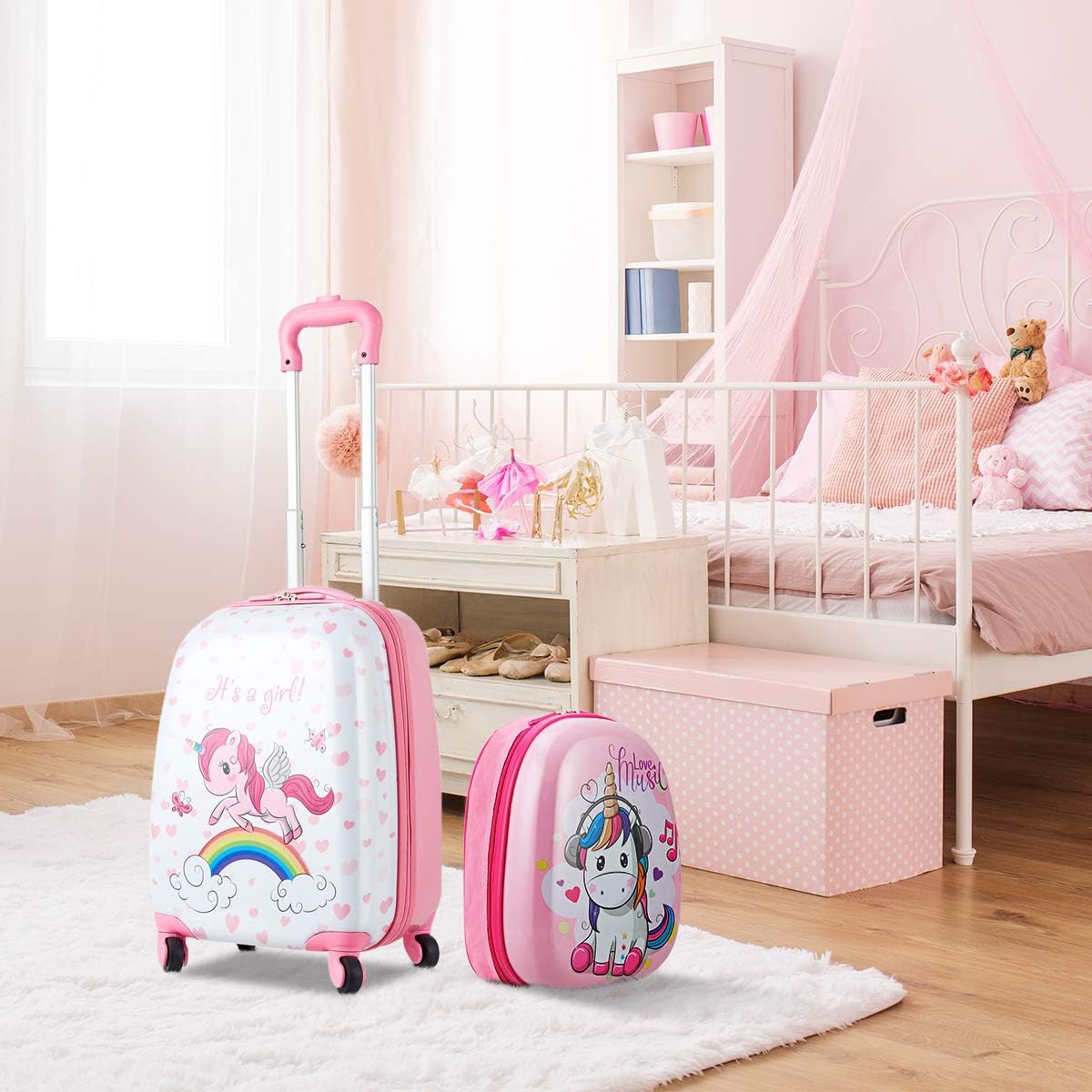 HONEY JOY 2 Pcs Kids Carry On Luggage, 12" School Backpack & 16" Rolling Suitcase, Waterproof Hard Shell Travel Case with Spinner Wheels, Gift for Boys Girls Overnight Travel, Pink Unicorn