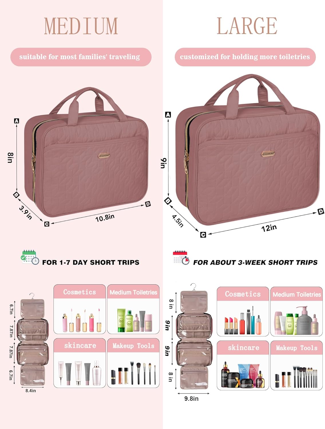 BALHLHG Toiletry Bag for Women With Hanging Hook, Medium Travel Makeup Organizer, Water-resistant Cosmetic Toiletries Bag for Bathroom, Trip, Business, Rosewood-Pink