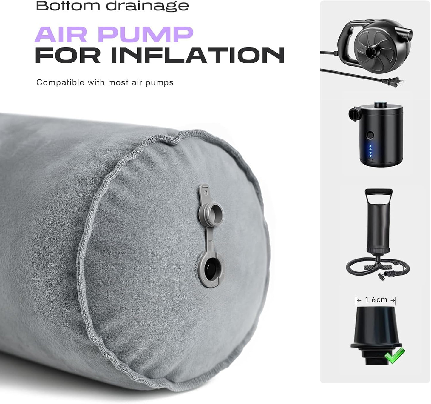 ETROL Inflatable Body Pillow for Adults, 47-inch Long Pillows for Bed, Bolster Pregnancy Pillows for Sleeping, Inflatable Travel Full Body Pillow, Hug Round Pillow for Side Sleeper, Soft Velvet, Grey