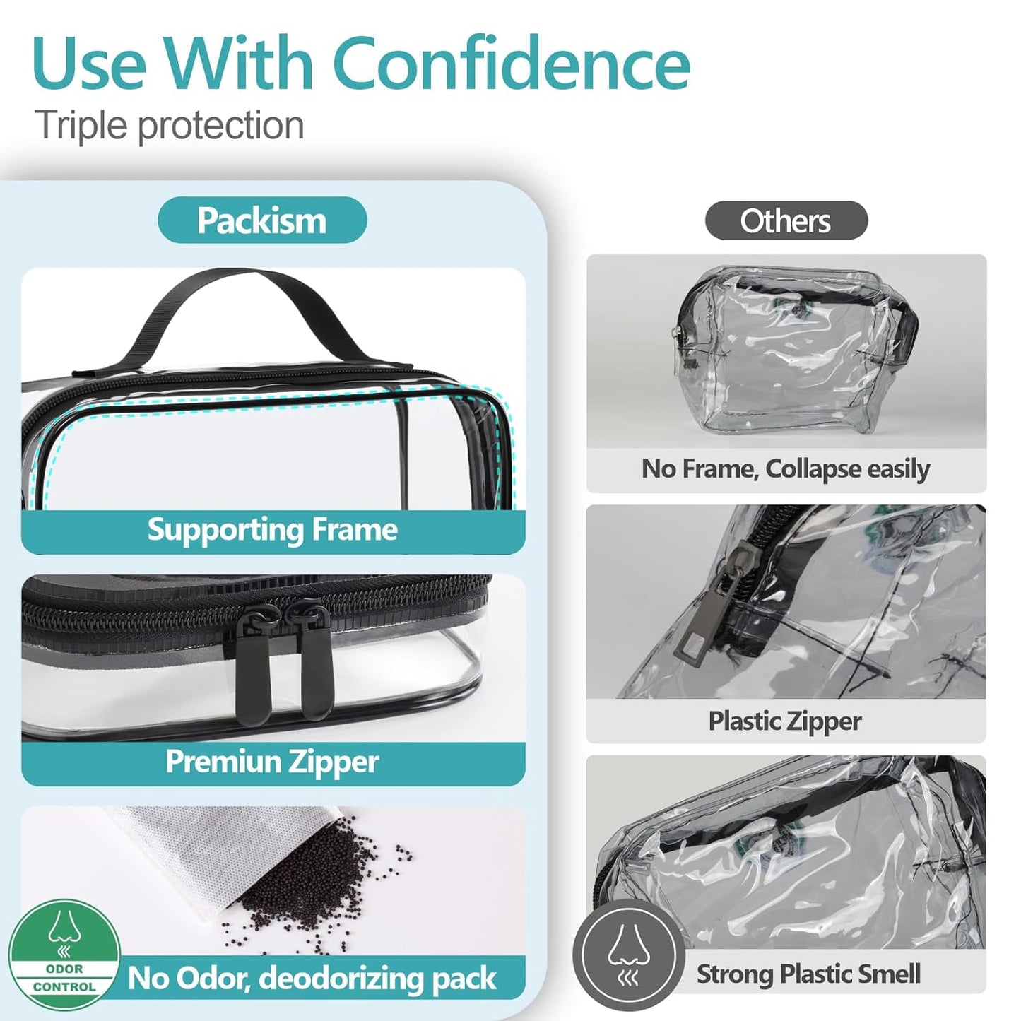 PACKISM Clear Makeup Bag - 2 Pack TSA Approved Toiletry Bag with Handle and 180° Large Opening, Clear Toiletry Bag Fit Carry-on Travel Essential, Travel Bags for Toiletries, Black