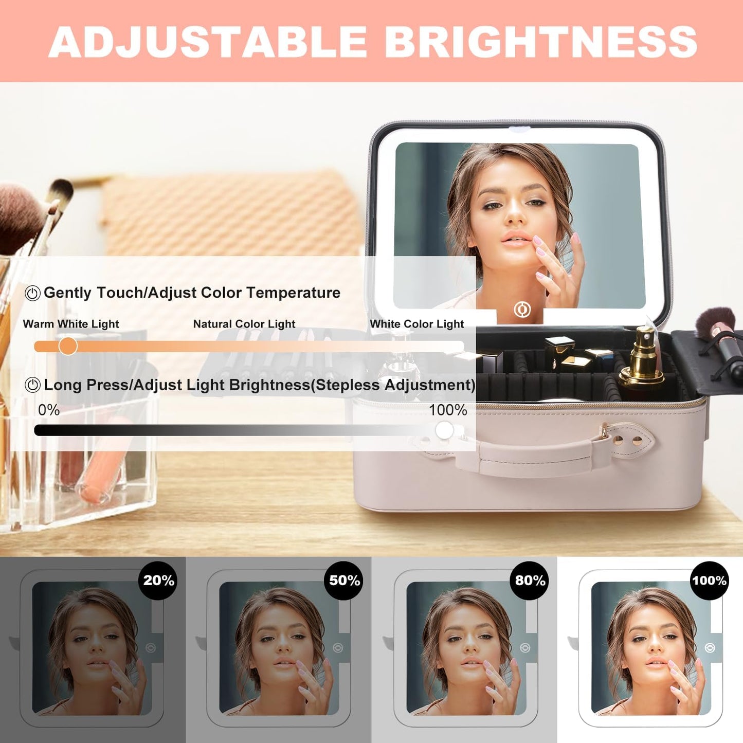 Mocado Travel Makeup Bag with LED Lighted Mirror,Makeup Case with 3 Color Lighted Setting and 10x Magnifying Mirror, Portable Storage and Adjustable Dividers (White with Hard Leather)