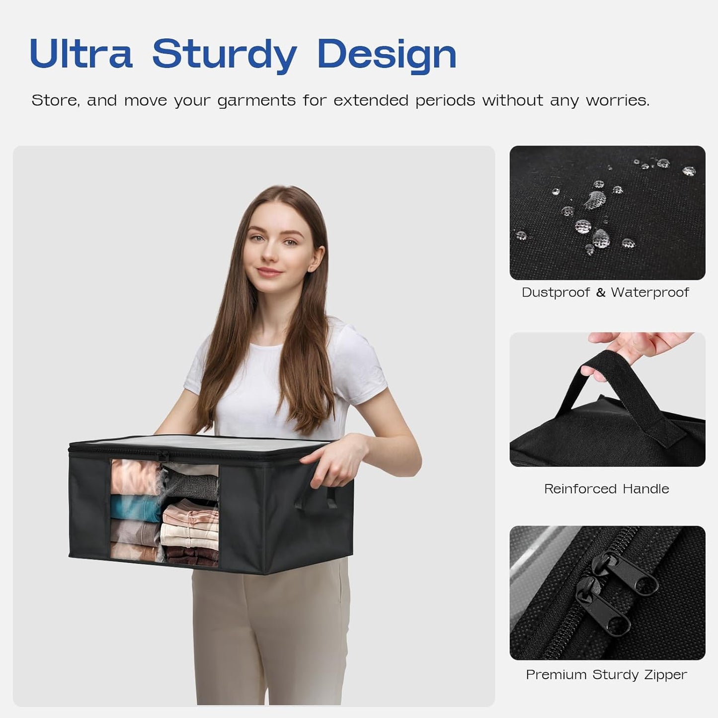 Clothes Storage Bags, Foldable Thick Fabric Blanket Storage Bags, Large Clear Window & Carry Handles, Great for Clothes, Blankets, Closets, Pillows, Toys (Black, 4PACK)