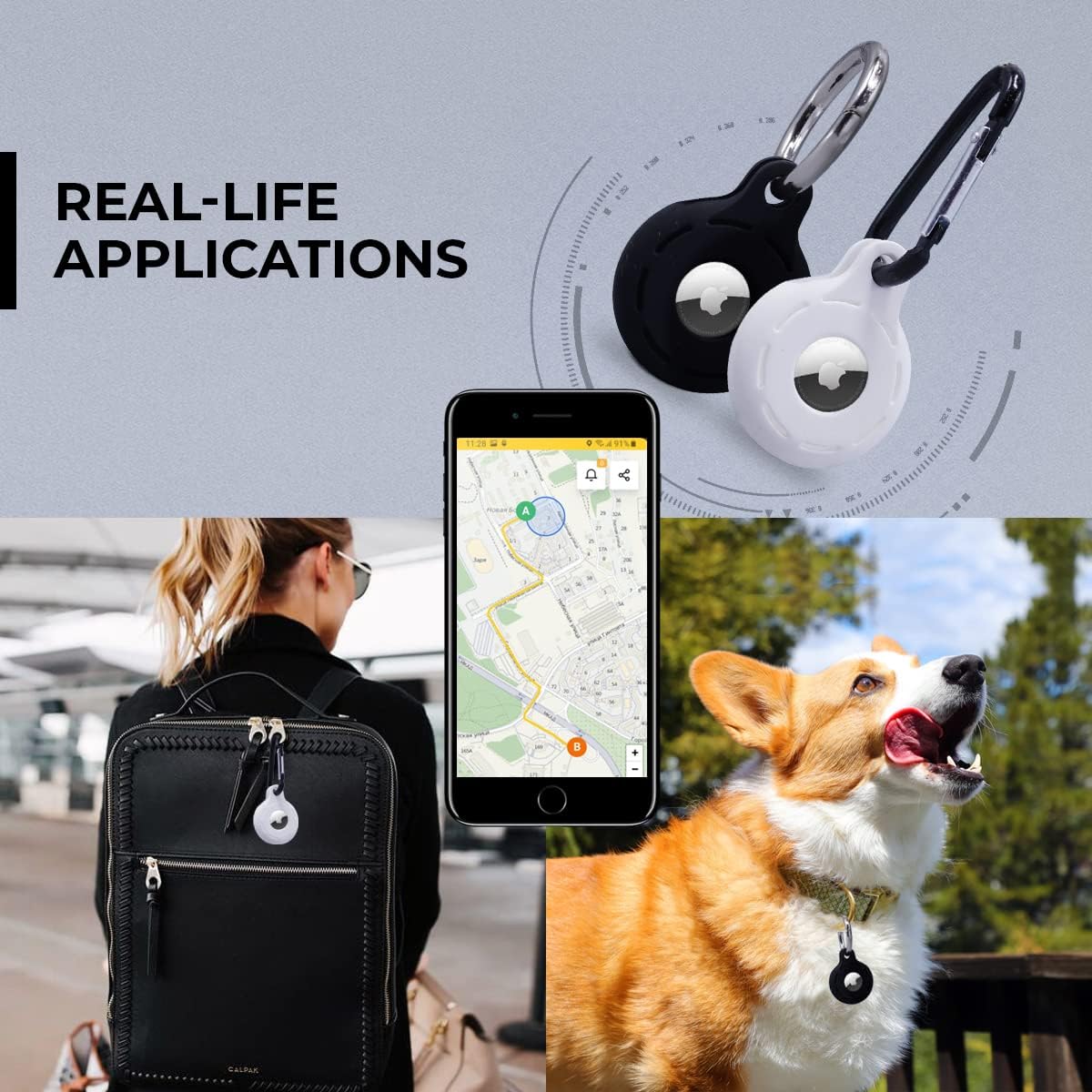 Apple AirTag 4 Pack Shockproof, Dustproof & Washable Cases, Silicon Holders with Accessories for Wallets, Luggage, Pet Collars, Key Finders (Black - White)