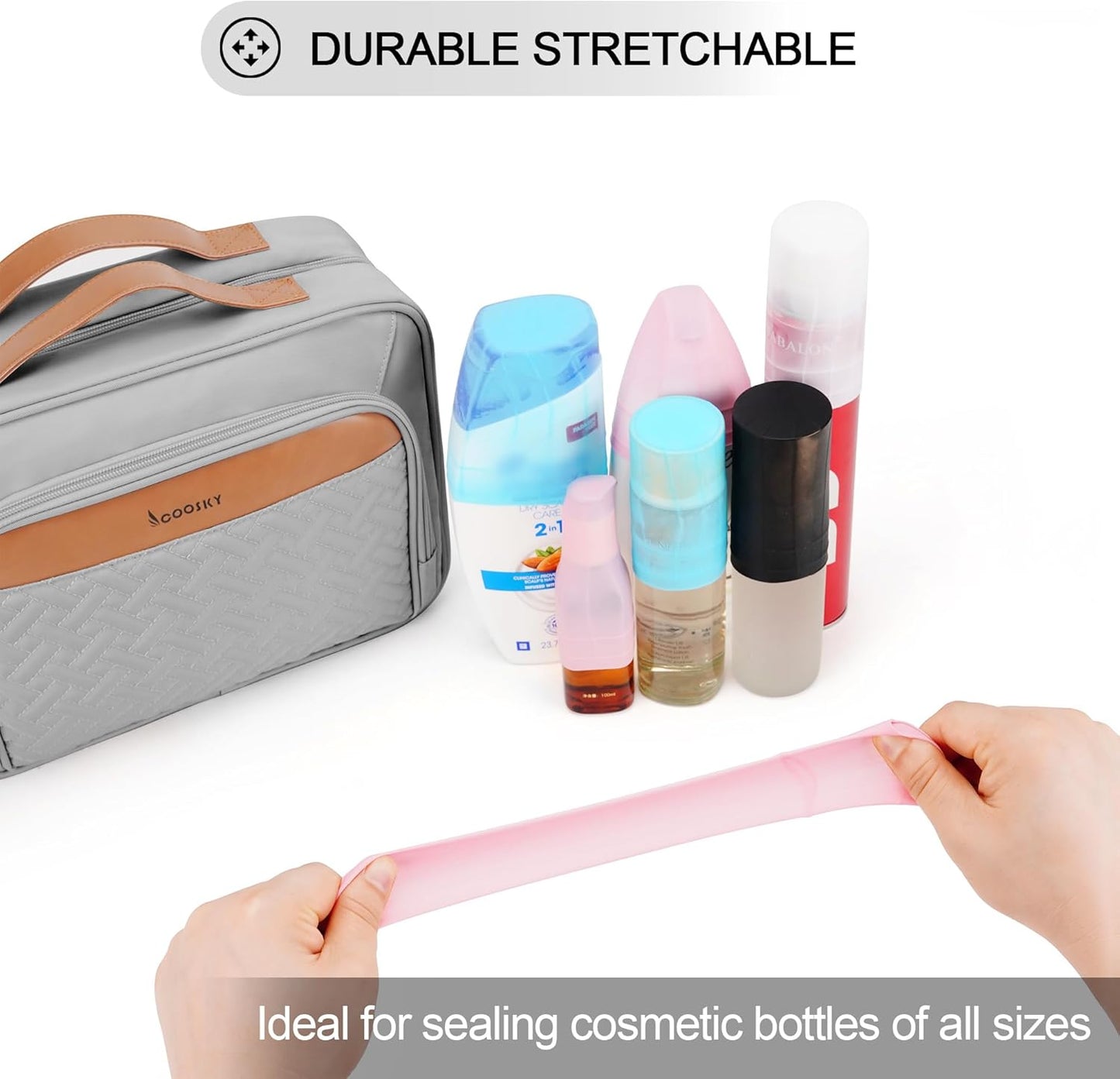 Travel Hanging Toiletry Bag for Women and Men, with 8 Leak Proofing Silicone Bottle Covers, Waterproof Makeup Accessories, Cosmetic Essentials, Cruise Ship Toiletries Bag with Jewelry Organizer, Pink
