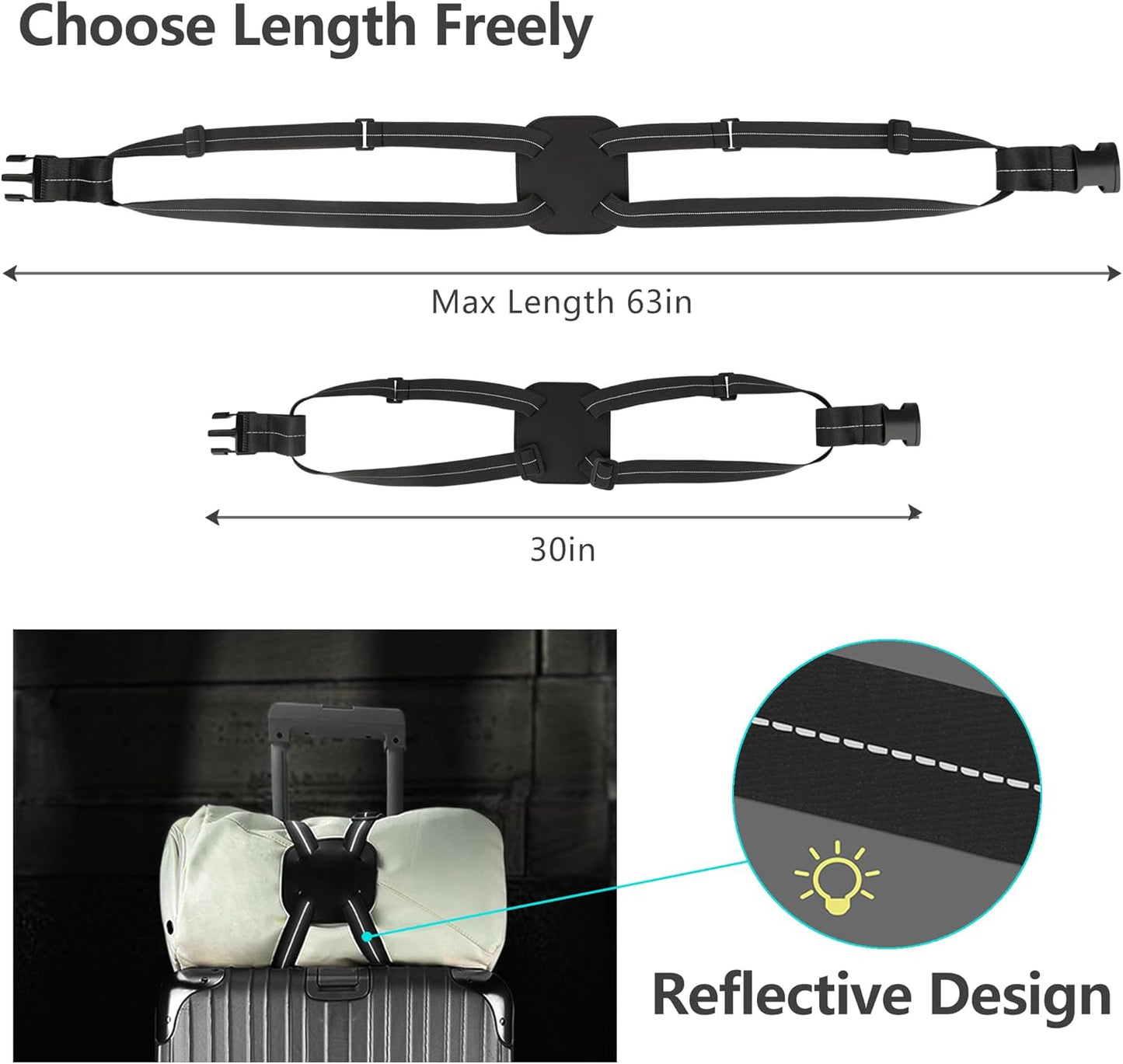 Luggage Bungee Strap - Adjustable Elastic Luggage Straps with Buckle for Attaching Roller Bags, Black Strap for Suitcases Handle Carry On Add Bag, Backpack, Purse, Rolling Bag, Handbag