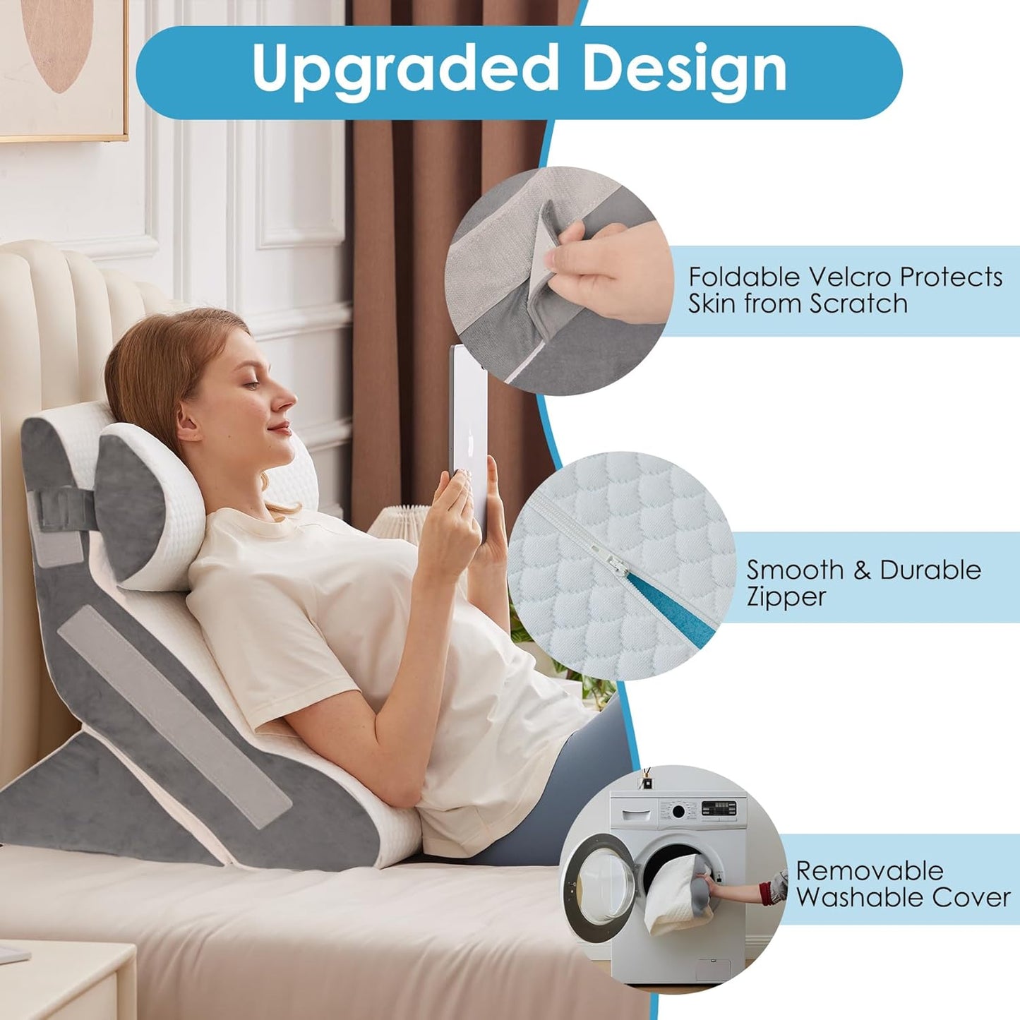 3PCS Bed Wedge Pillow for Headboard, Adjustable Wedge Pillow for Sleep Apnea, 23” Wide Triangle Pillow Wedge Set for After Surgery, Acid Reflux Relief, Snoring, Neck&Back Support, White/Grey