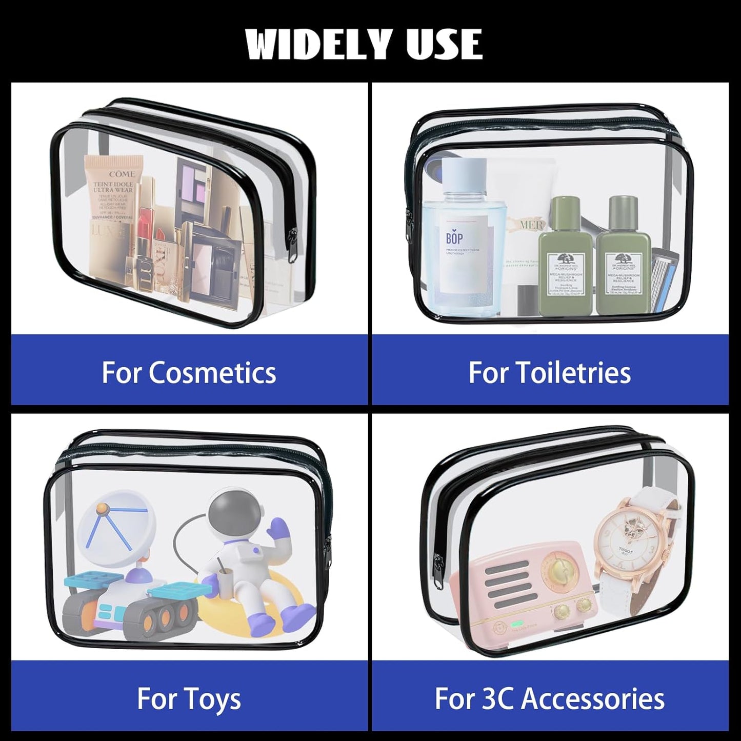 16 Pieces Clear Cosmetic Bags PVC Clear Makeup Bags TSA Approved Toiletry Bag with Zipper Waterproof Vinyl Plastic Organizer Storage Transparent Pouch for Women and Men (Black, Small)