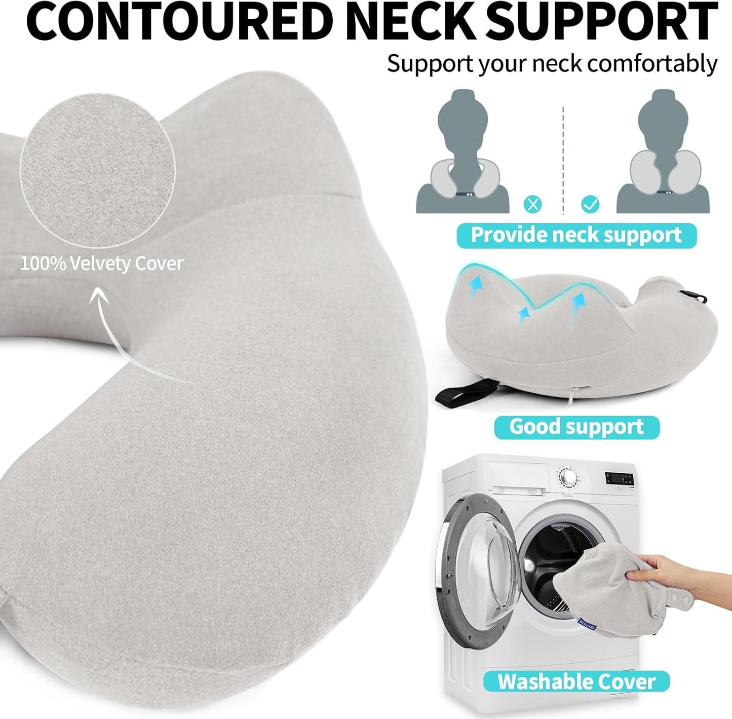 2 Pack Inflatable Travel Neck Pillows for Airplanes, Head Support Velvet Adult Neck Pillows for Long Flight, Kit with Eye Mask, Earplugs and Storage Bag, 2, Light Gray