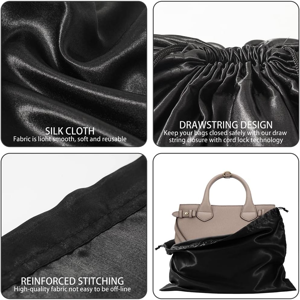 6 Pack Dust Bags for Handbags Silk Dust Cover Bag for Handbags Purses Shoes Boots, Silk Dustproof Drawstring Bag Travel Storage Pouch (Black, 19.6 × 15.7 in)