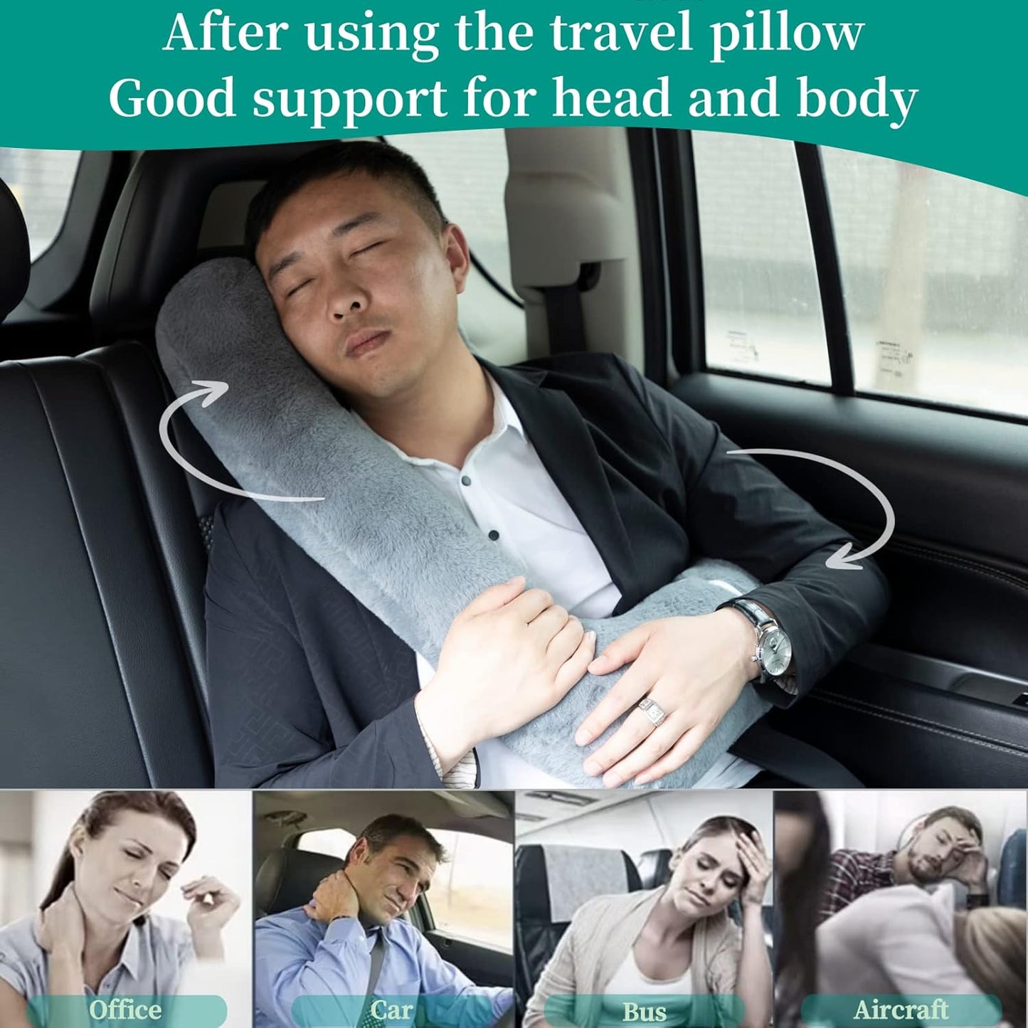 Travel Pillow Upgraded Version of Aircraft Travel Neck Pillow with Storage Bag, Sleep Pillows for Travel by Train, Car, or Plane, Supporting The Head and Body, Travel Pillow for Kids Grey