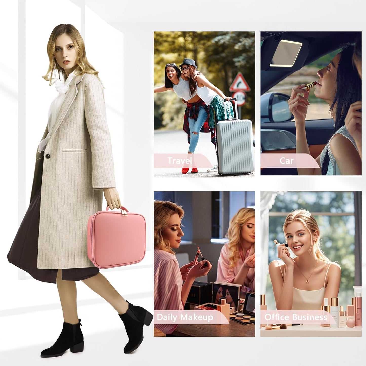 Travel Makeup Bag with LED Lighted Mirror, Travel Makeup Organizer,3 Color Setting Cosmetic Makeup Box, Adjustable Dividers and Brush Holder(pink)