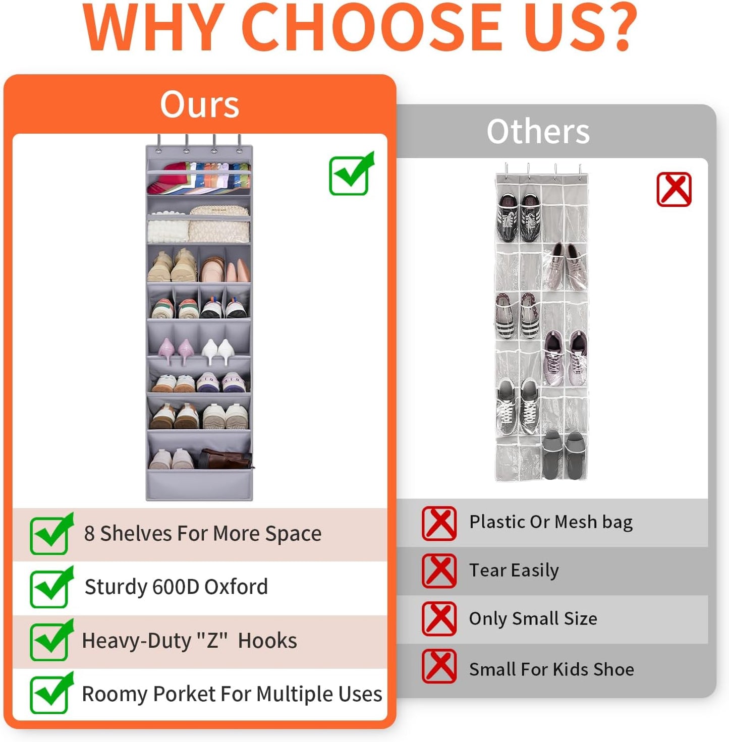 FENTEC 1 Pack Over The Door Shoe Organizer,68" Exlarge Deep Pockets Hanging Shoe Organizers, 8 Shelves Shoe Rack for Closet, Shoe Holder for Boots,Over Door Organizer in Home, RV, Dorm, Grey