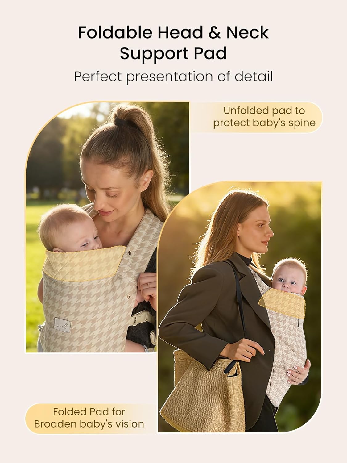 GROWNSY Baby Carrier Newborn to Toddler, Ergonomic Baby Toddler Carrier Wraps with Head Support, Easy to Wear, Infant Carrier Baby Gift, Travel and Hiking Friendly,for 7 to 44 lb (Houndstooth Beige)