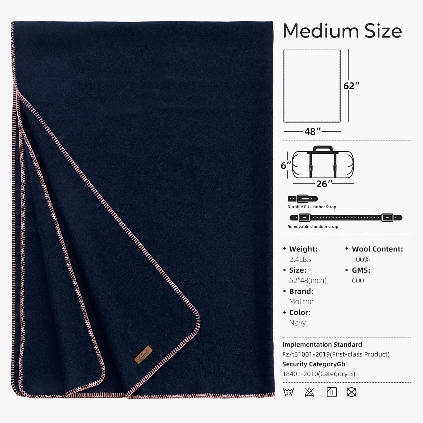 100% Wool Blanket, 48" x 62", Warm, Thick, Washable, Military Wool Blanket, Great for Camping, Outdoors, Sporting Events, Survival Kits,Navy