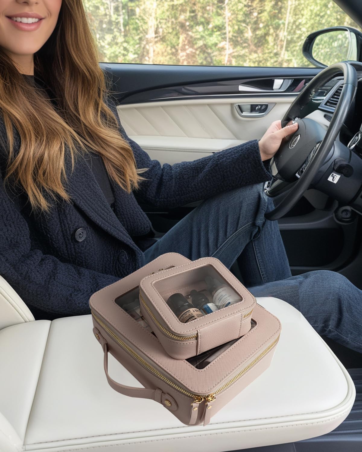 Travel Clear Makeup Bag Set, TSA Approved Cosmetic Bag Case with Zipper Portable Makeup Pouch Toiletry Bag Women Traveling Cosmetic Organizer Storage Bag Car Organizer Car Essentials for Women