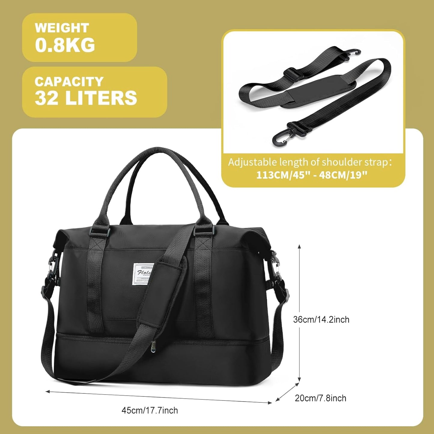 Travel Duffel Bag, Sports Tote Gym Bag, Shoulder Weekender Overnight Bag for Women