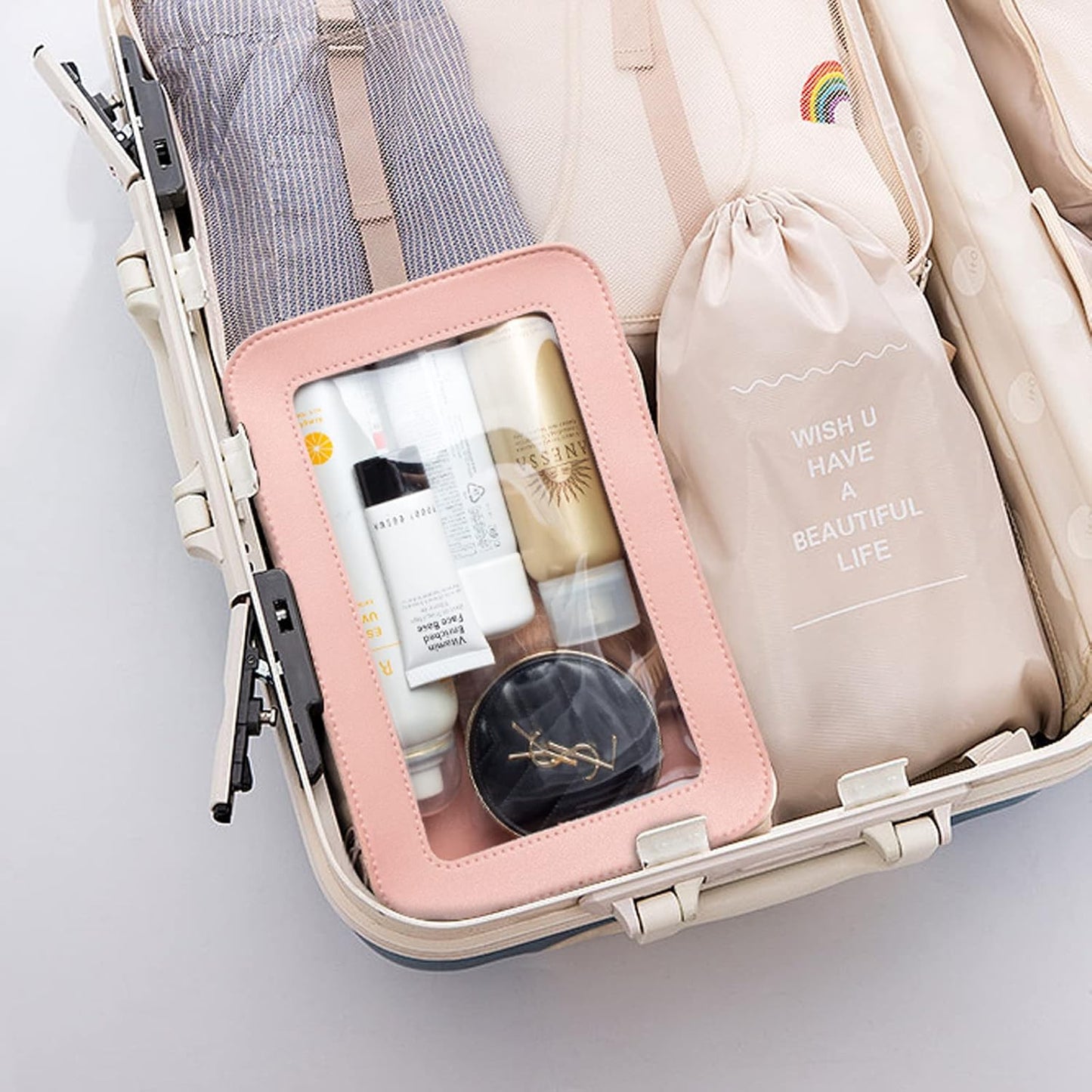 LETGO Clear Makeup Bag, TSA Approved Toiletry Organizer With Zipper, Fit Carry-on Travel Essentials, Cosmetic Bag for Women Men (O-Pink)