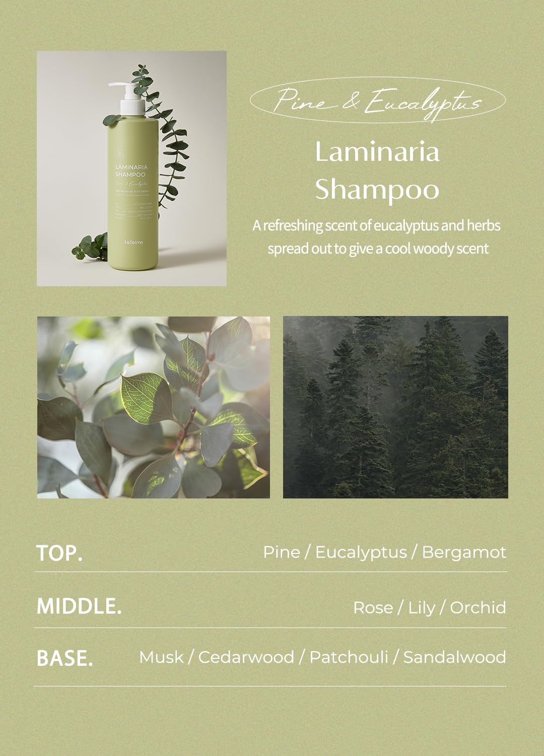 laferme Laminaria Shampoo with Organic Ingredient, Korean Clarifying Shampoo, Hydrating for Dry Hair, Strengthening for Weak Hair, Sulfate & Paraben-Free, for Women & Men,16.9 FL. OZ, Pine Eucalyptus