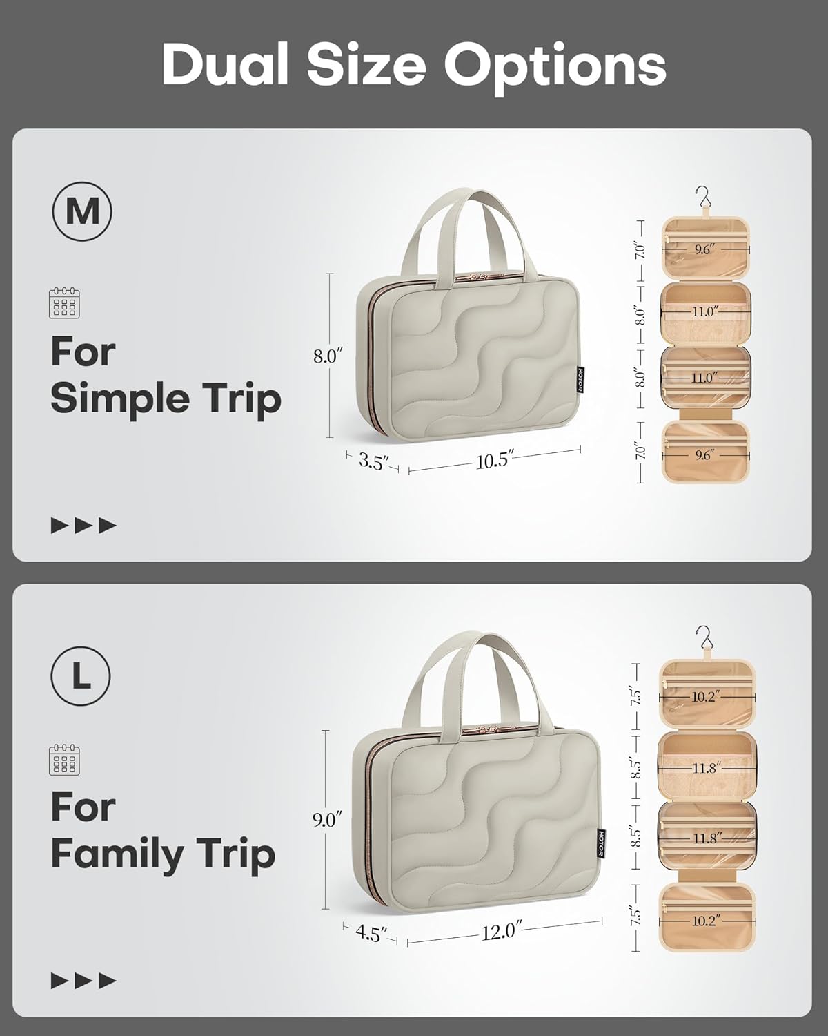 HOTOR Hanging Toiletry Bag - Spacious Travel Toiletry Bag for Women & Men, Multi-Pocket Makeup Organizer, Travel & Cruise Essentials for Business Trip, Gym, Grayish Brown, 11.0" x 8.7" x 3.9"