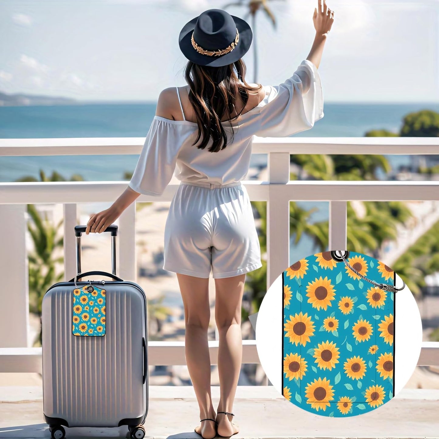 Luggage Tags for Suitcases, 2-Pack PU Leather for Cruise & Travel, Baggage ID Tags with Privacy Cover & Address Card, Durable Metal Ring, Kids Adults Travel Accessories, Turquoise Sunflowers